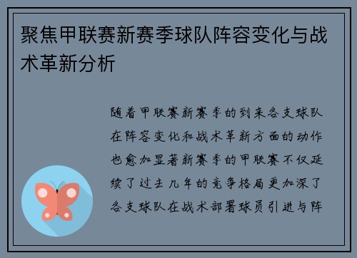 聚焦甲联赛新赛季球队阵容变化与战术革新分析