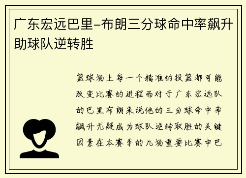 广东宏远巴里-布朗三分球命中率飙升助球队逆转胜