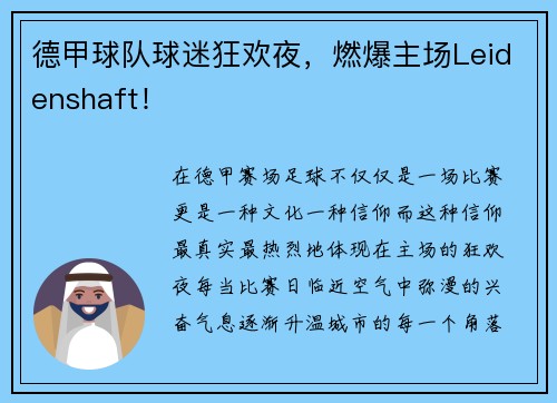 德甲球队球迷狂欢夜，燃爆主场Leidenshaft！