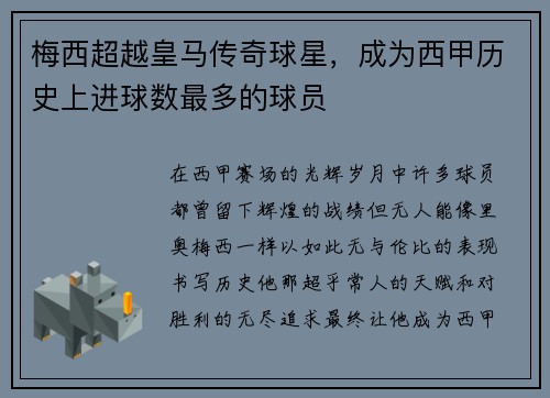 梅西超越皇马传奇球星，成为西甲历史上进球数最多的球员