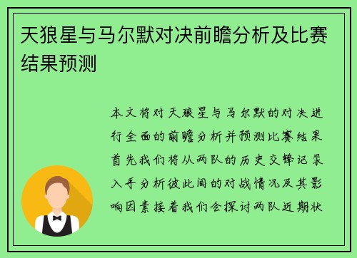 天狼星与马尔默对决前瞻分析及比赛结果预测